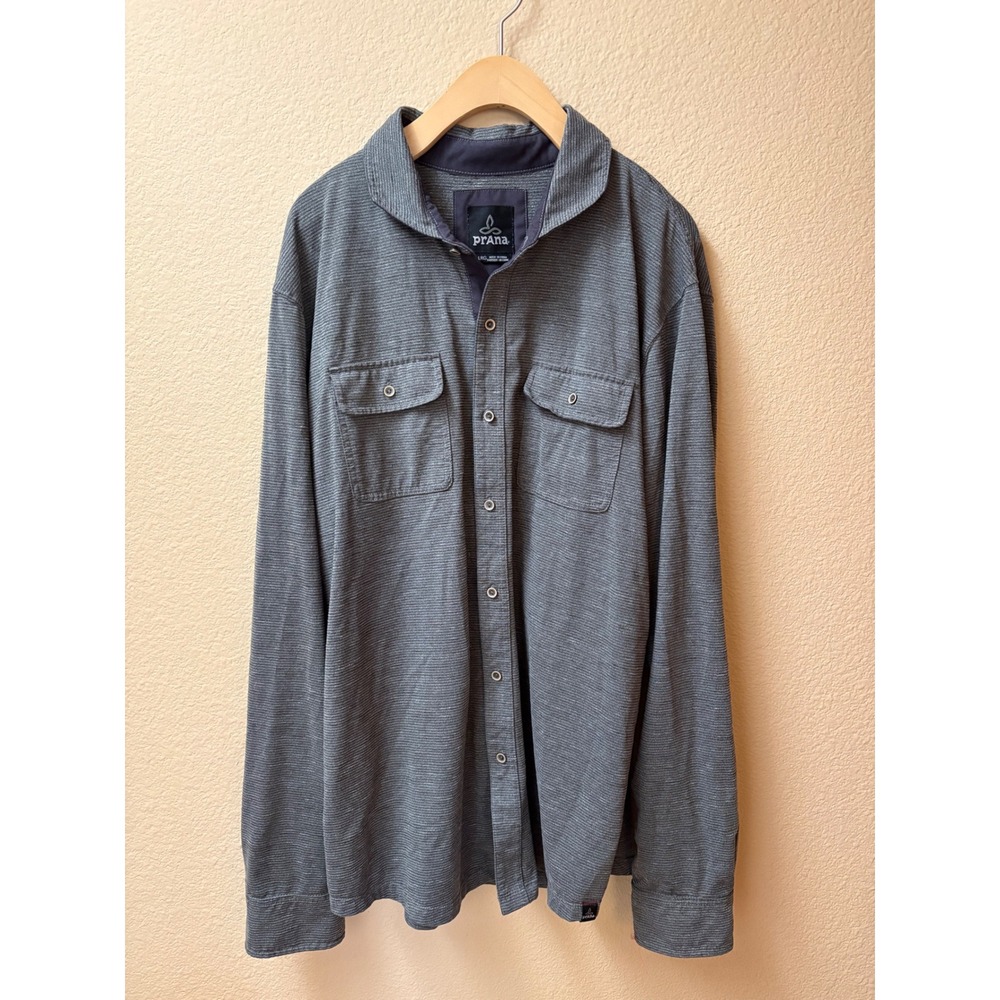 Prana Mens XL Gray Micro Stripe Long Sleeve Button Down Shirt Dual Pocket Hiking